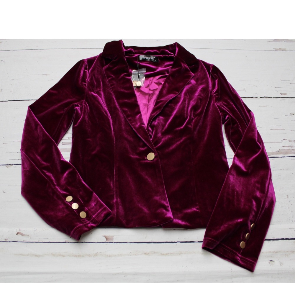Allegra K Velvet Blazer Single Button Magenta Pink XS Holiday Cocktail